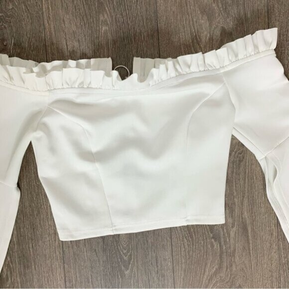 Women's Essue Top Blouse Off Shoulder Split Wide Flare Sleeve Cropped Off White - Picture 7 of 14